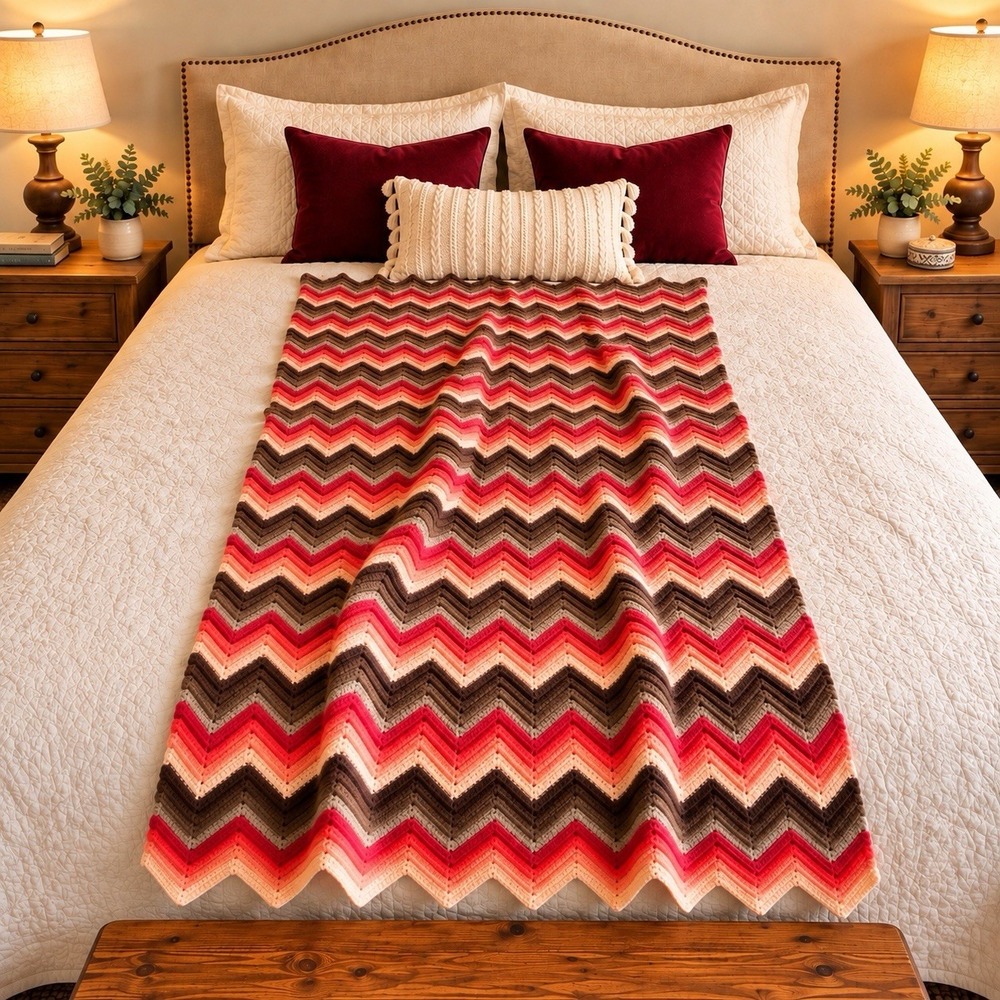 Vtg Handmade Crochet Afghan Chevron Ripple Coral Brown Retro Throw Blanket 72x39